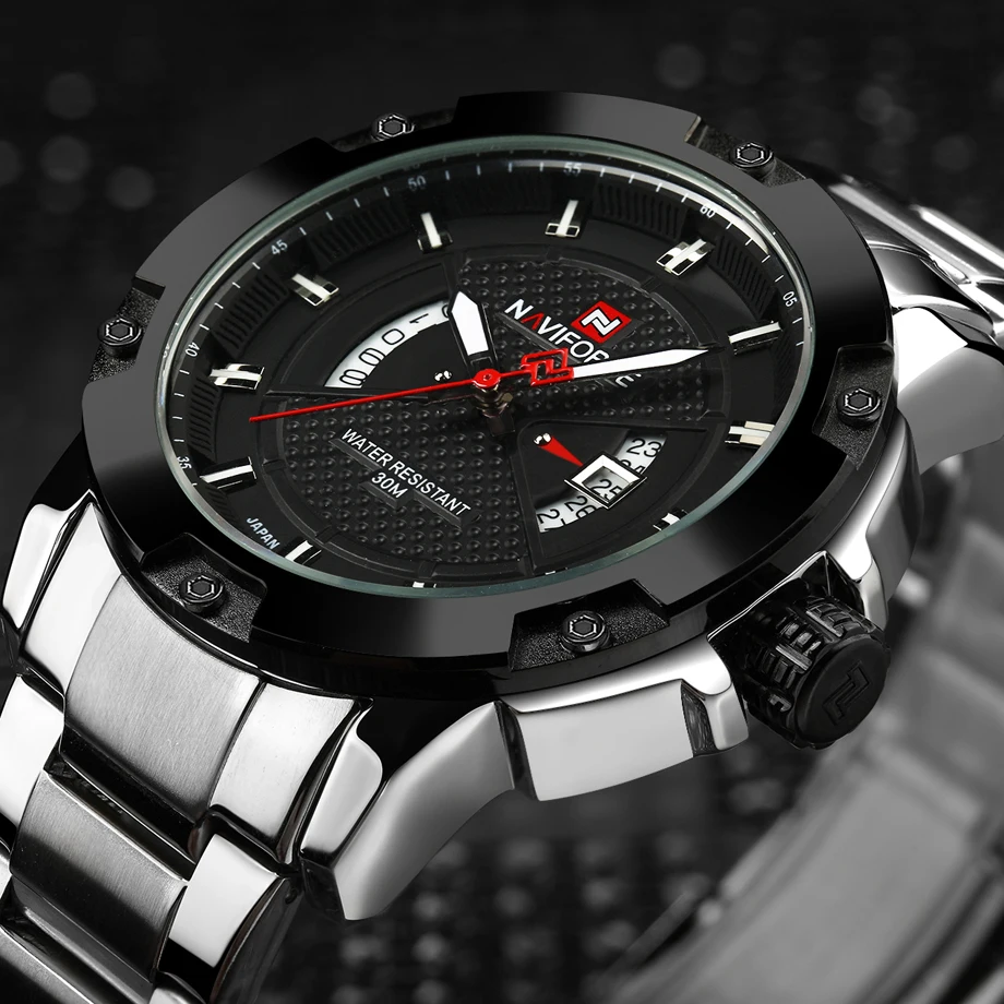 Naviforce top merek pria perak tanggal penuh baja quartz jam tangan bisnis jam tangan tahan air pria jam relogio masculino