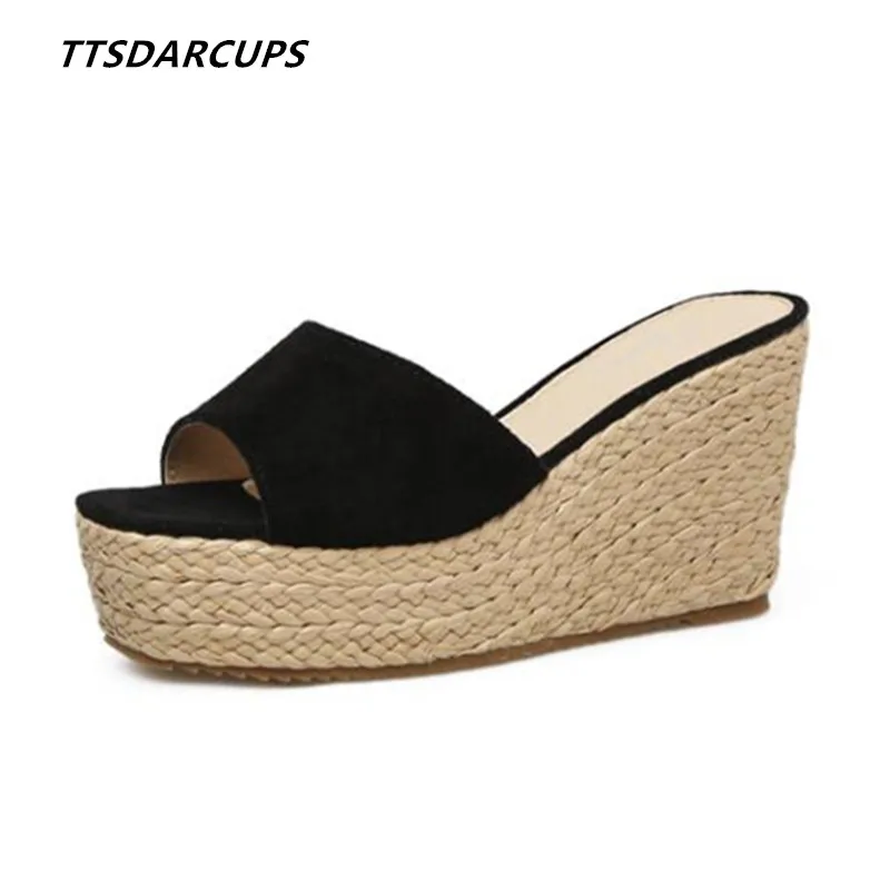 

TTSDARCUPS summer straw plaited article slippers 34-40 yards of slippers with thick bottom dermis Slope heel sexy Women sandals