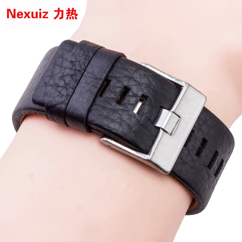 Men's Black Leather Watch Band with Stainless Steel Buckle