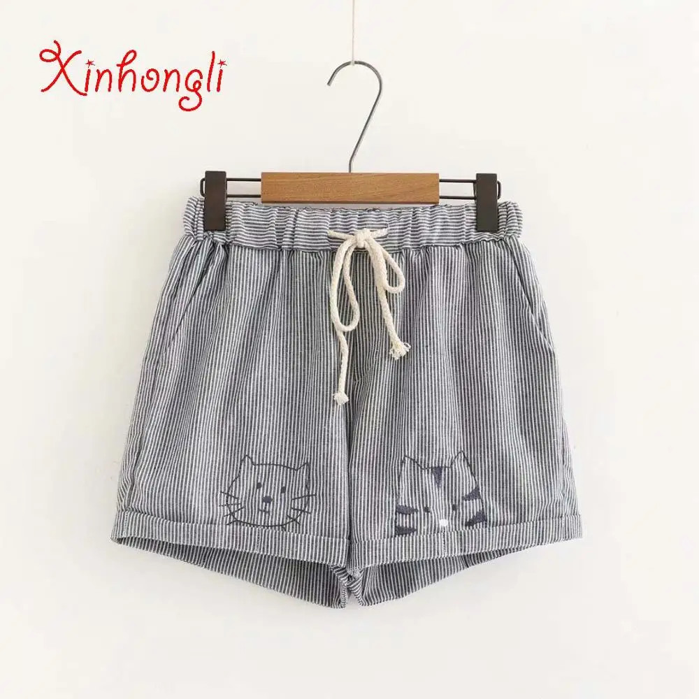 

Plus size high waist black & red & sky blue Embroidered striped shorts skirts women 2018 fashion summer cotton short femme