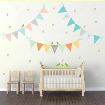 

Colorful Flags Chain With Pink Hearts & Birds Wall Stickers For Nursery Baby Room Diy Vinyl Wall Decal Children Home Decortion