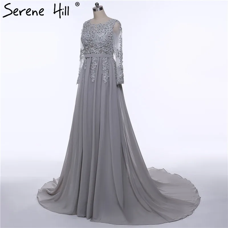 Серое элегантное вечернее платье с длинным рукавом и открытой спиной, шифоновое вечернее платье с бисером и кристаллами, настоящая фотография HA2149