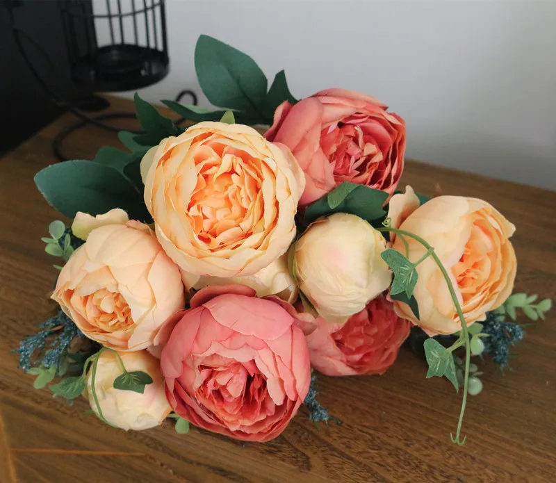 Flone Hight Quality Silk Flower European Peony Flower Bouquet Artificial Flowers Fake Leaf Wedding Home Party Decoration (2)