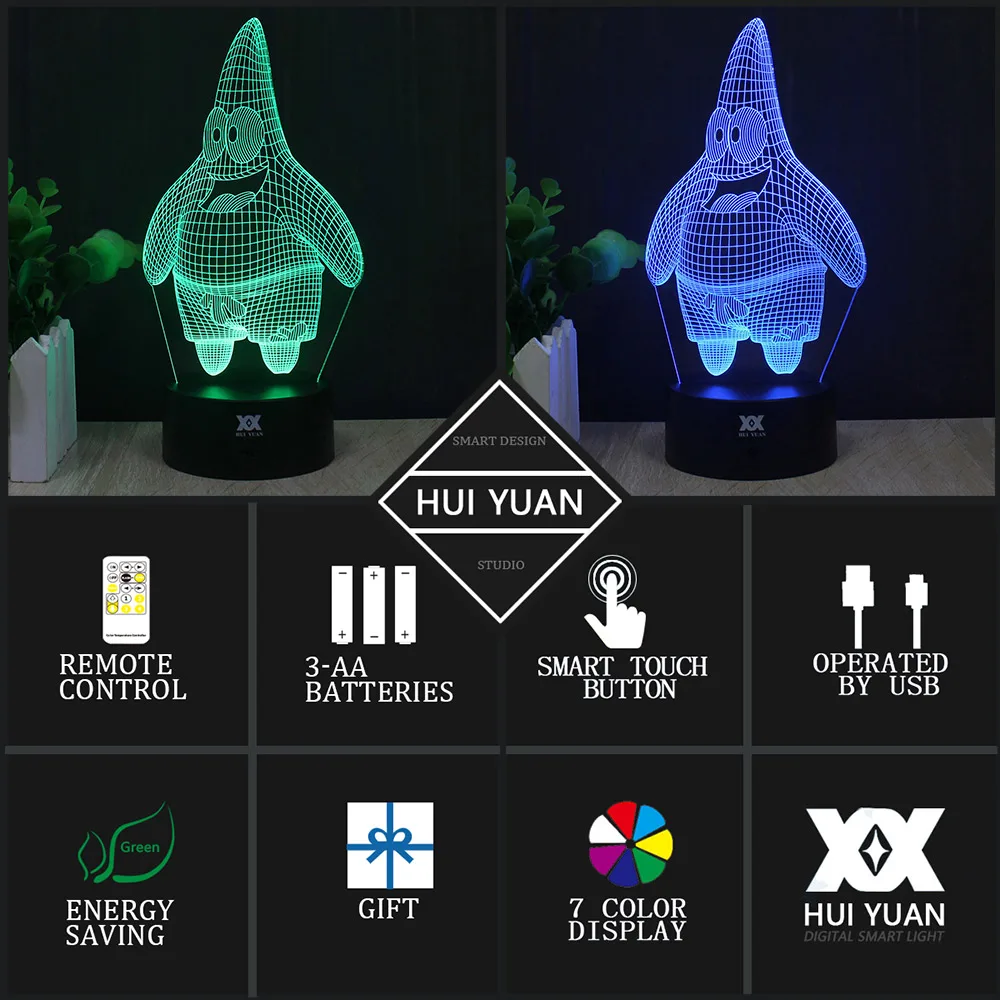 Мультфильм Патрик звезда 3D лампа Губка Боб щупальца Ночник LED Новинка украшение