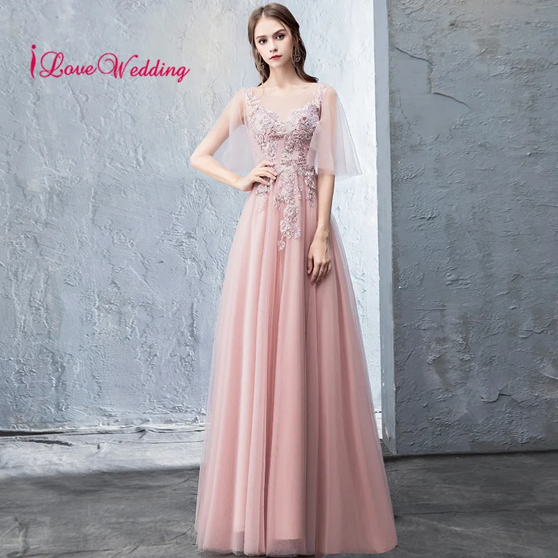 

iLoveWedding 2019 Scoop Collar 3D Embroidery Lace Beaded Custom made Beach Style Pink tulle Party Gown Evening Dresses