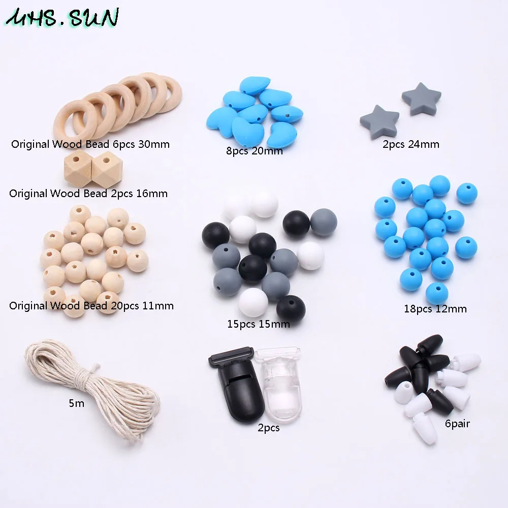 KT013 (4),$18.6.Silicone Natural Wooden Beads DIY Jewelry Set For Baby Chew Teething Nursing Necklace Beads Kits Making Accessories 