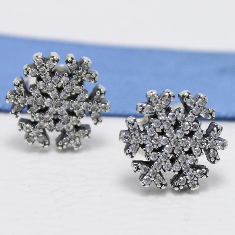 

ROCKART Solid 925 Sterling Silver Snowflake Stud Earrings With Clear CZ For Women Fashion Jewelry Gift New Hot