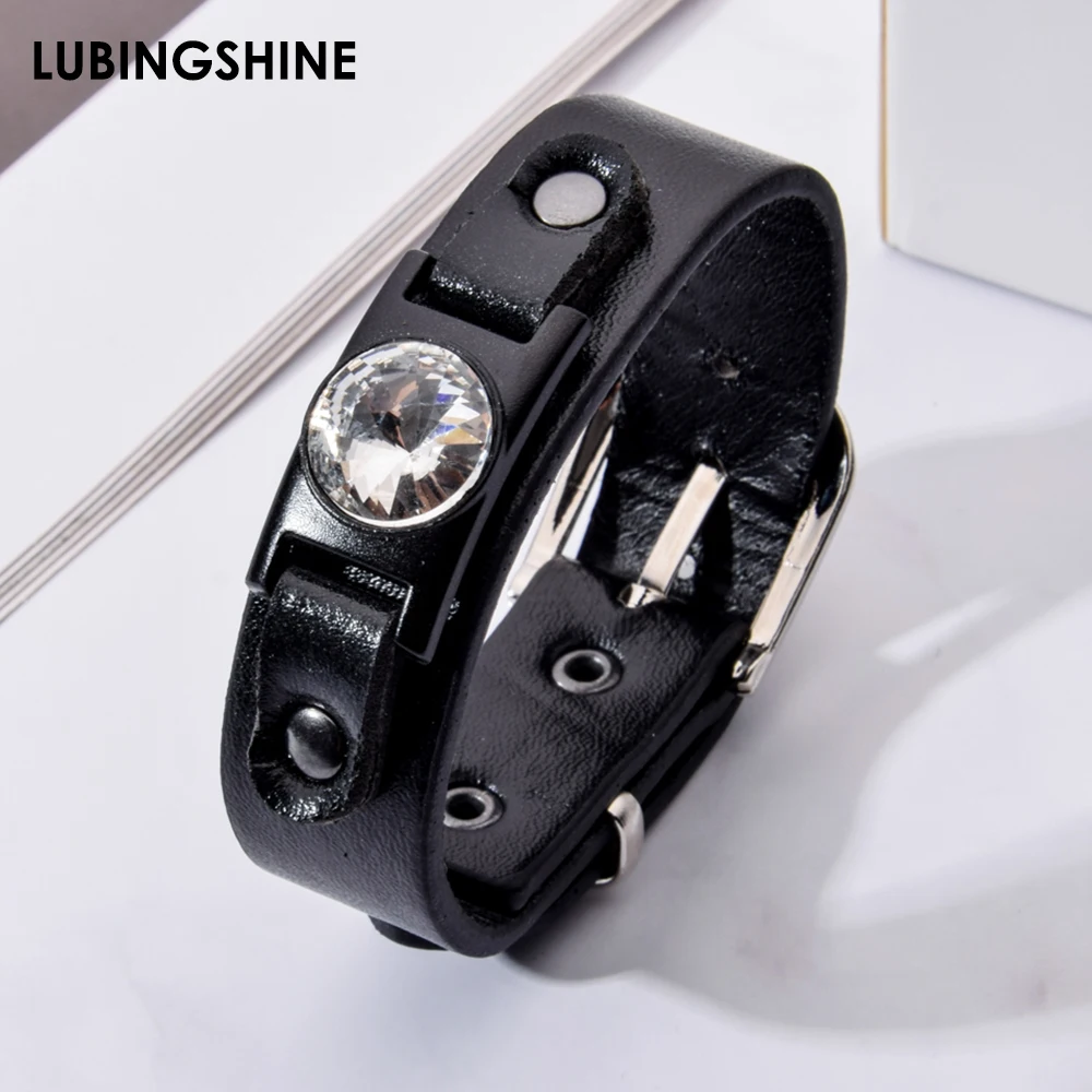 

Vintage Black Brown Leather Bracelet&Bangle Crystal Wide Watch Belt Bracelet for Women Men Couple Cuff Wristband Jewelry