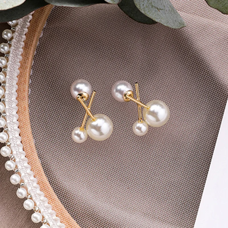 

Both Side Wear Minimalist Fashion Gold Cross Small Big Pearls Stud Earrings For Women Girl's Cute Pearls Earring