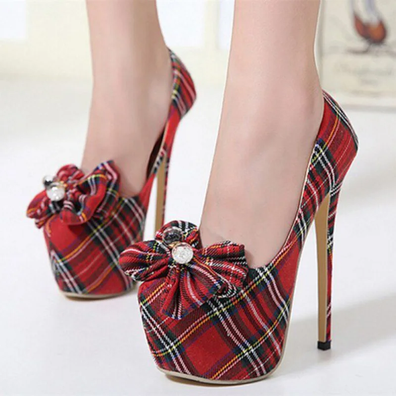 women_s_red_plaid_flowered_stiletto_platform_heels_pump