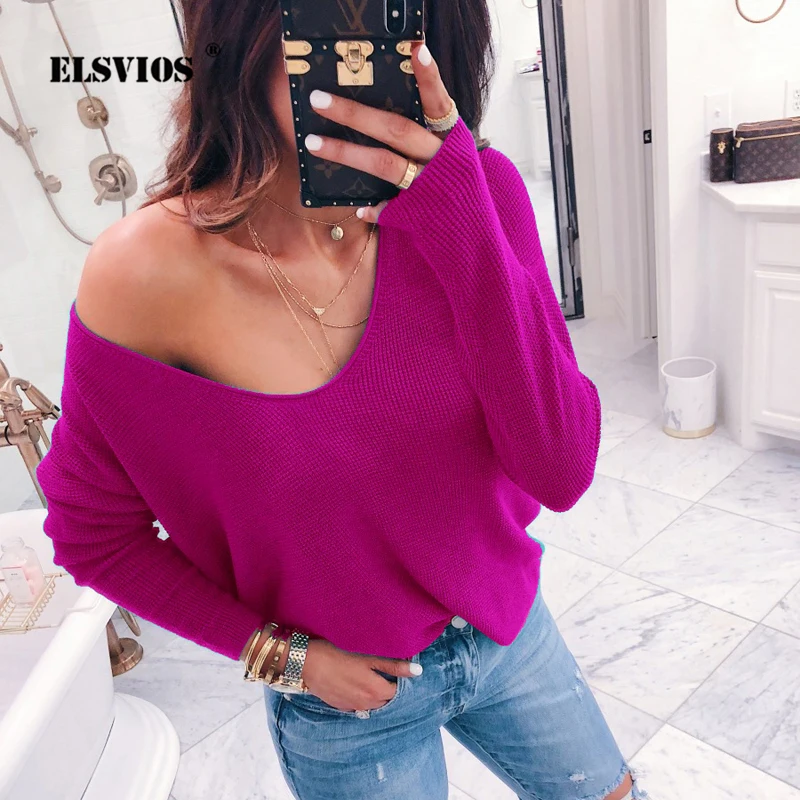 

ELSVIOS 2018 Sexy Off Shoulder Ribbed Knitted Pullover Female V-neck Long Sleeve Sweater Fashion Autumn Winter Jumper Women Tops