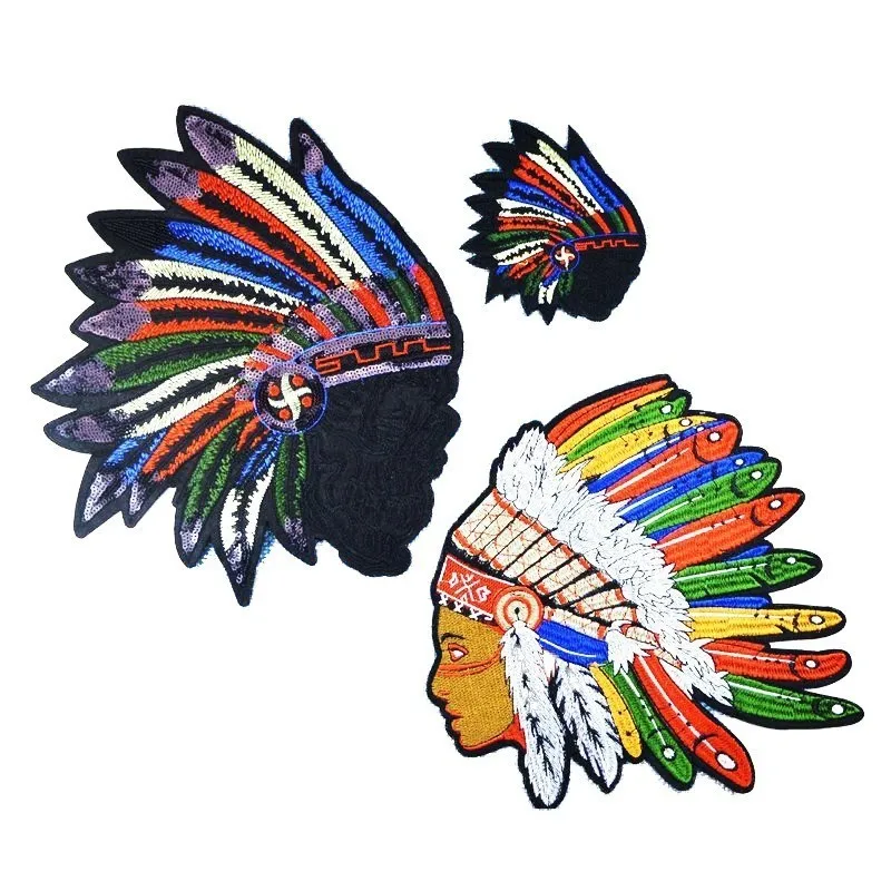 

Punk Style Badges Oversized Colorful Indian Head Feather Embroidery Patches With Adhesive DIY Sewing Garment Appliques