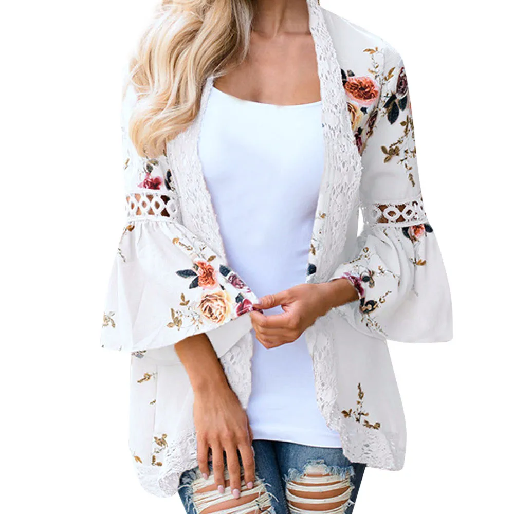 Летняя женская блузка кружевная Цветочная открытая накидка Кардиган веревка Куртка Свободная пляжная одежда женское повседневное кимоно женское пальто - Цвет: White