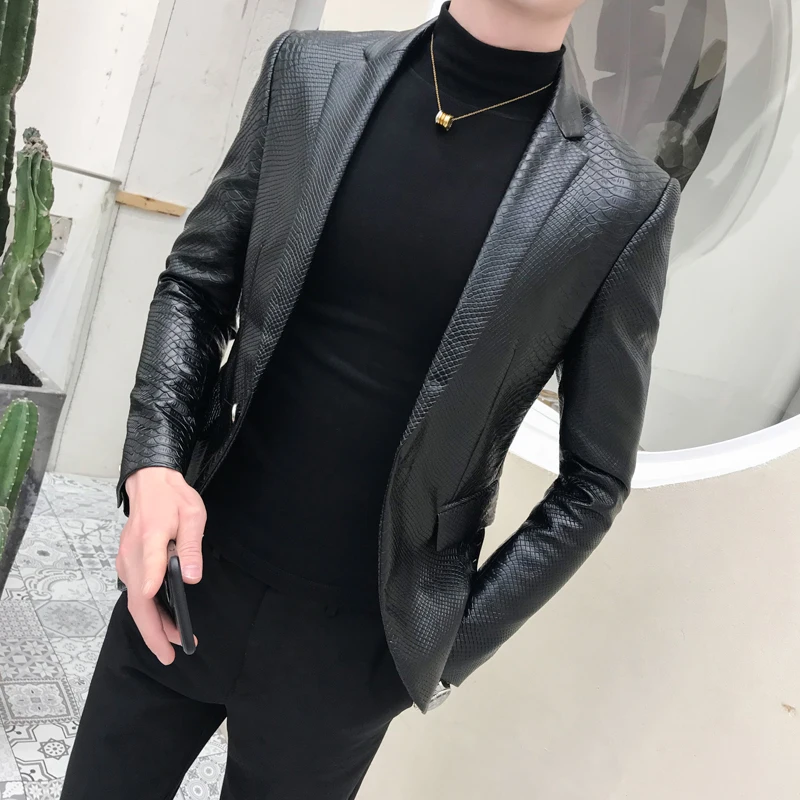 

2019 Solid Black quality Slim Blazer PU Leather Jacket Men One Button Business Casual Prom Blazers For Men Korean Suit Coat 159