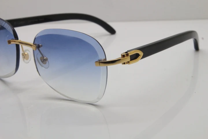 2018 New Cartier Rimless  T8200847 Black Buffalo Horn Sunglasses in Gold Blue Lens (3)
