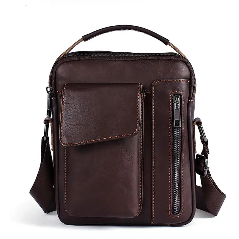 Крутая Мужская сумка из натуральной кожи, винтажная мужская сумка-почтальонка, деловая сумка на молнии, мужские сумки через плечо - Цвет: Coffee