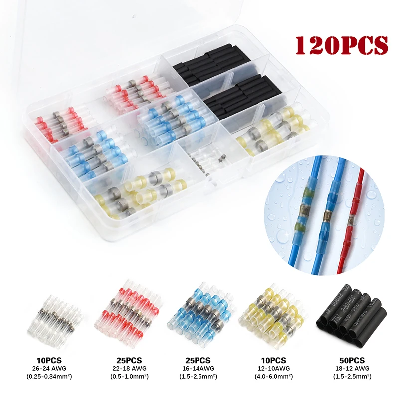 

120Pcs Waterproof Wire Connectors Heat Shrink Seal Splice Terminals Solder Sleeve 26-10 AWG + Insulated Shrinkable Tube Kit