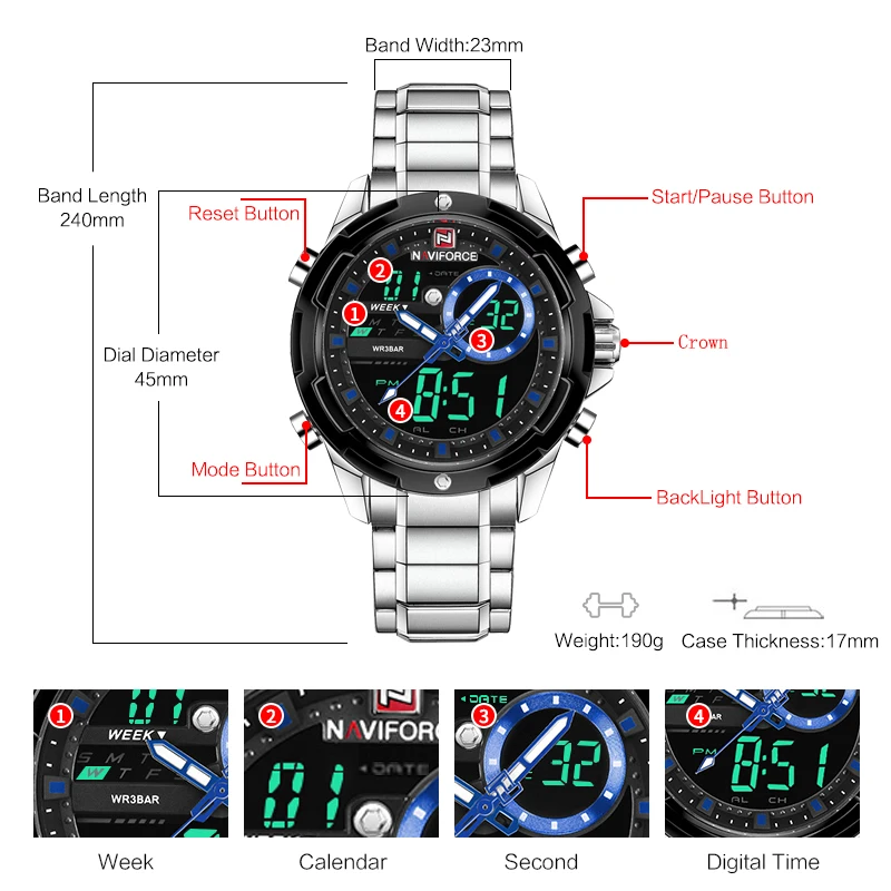 NAVIFORCE Для мужчин спортивные часы мода светодиодный цифровой кварцевые наручные