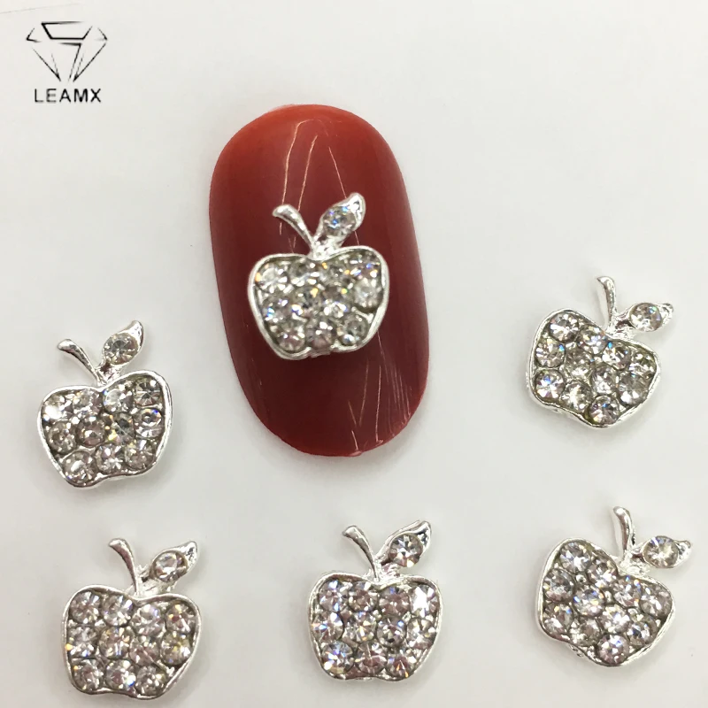 

LEAMX 10 PCS/bag Glitter Apple Nails Art Decorations Silver Metal Rhinestone Apple 3D Charm Nail Jewelry Shining Nail Decor L434