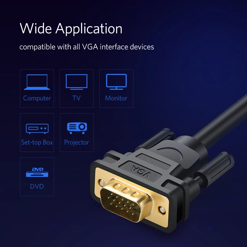 Кабель Ugreen 1080P VGA плоский кабель штекер Черный Плетеный высокопремиум