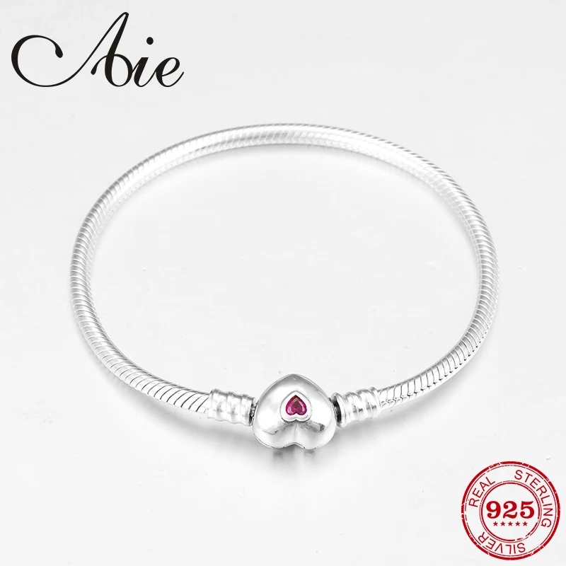 

2018 New pink CZ heart shape 925 Sterling Silver round for womens gift Charm snake bone chain Bracelets luxury jewelry