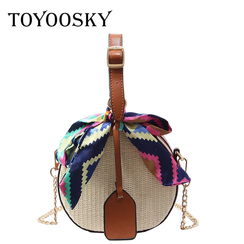

TOYOOSKY Round Straw Beach Bag Summer Mini Vintage PU Leather Circle Crossbody Bag With Scarf Small Bohemian Shoulder Bag