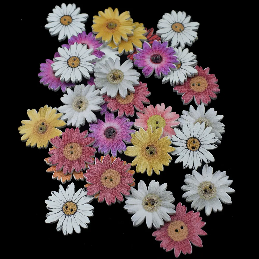 

50PCS 25MM Sunflower Random Mixed Flower Painted Wooden Buttons Decorative Buttons for Sewing Scrapbooking Crafts DIY Craft