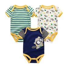 3PCS Newborn Baby Rompers Unisex Infant Clothes Cotton Short Sleeves Baby Boy Girl Clothing Cute Cartoon O-Neck Striped 0-9M