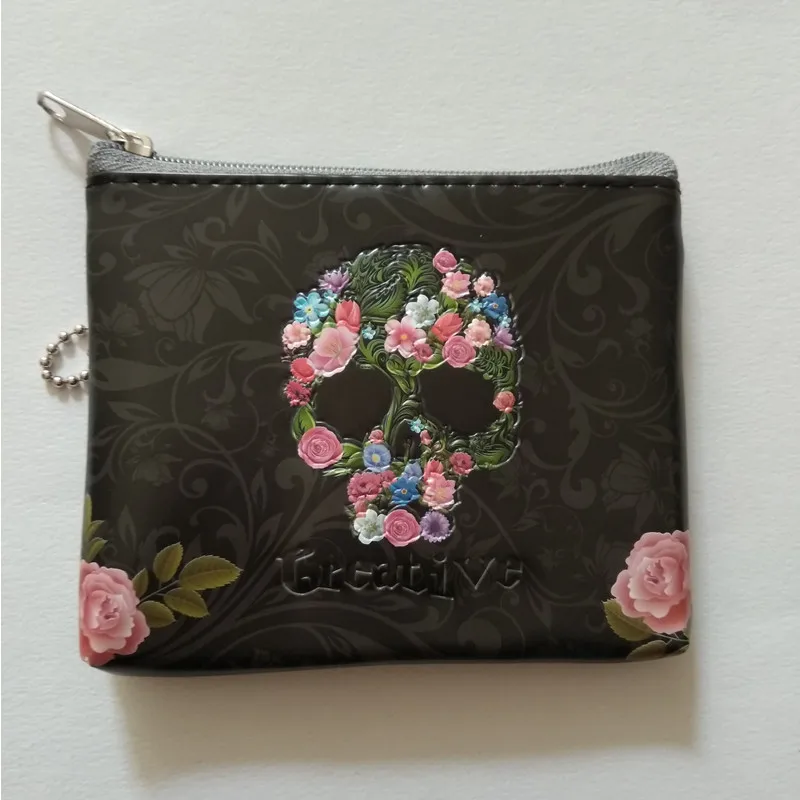 

New Rose Skull 3D Embossed Zipper Coin Wallets PU Leather Cartoon Key Bags Cool Change Purses Girls Mini Handbags Children Gifts