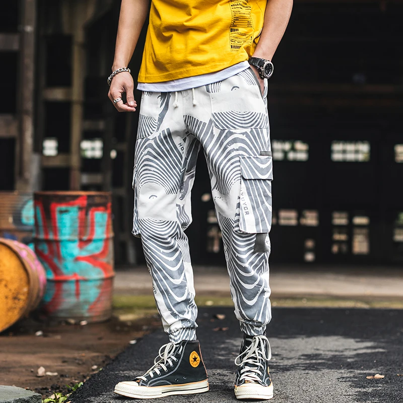 LOLDEAL Men's Multi-pocket Harlan Hip Hop Popular Zebra Print Trousers Street Men's Casual Fashion Nine Pants