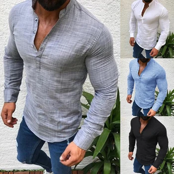 

Men Cotton Linen Shirt Fashion Casual Long Sleeve Autumn Blouse Shirts Man Fit Half Open Shirt Muscle Man Slim Plus Size Blouse