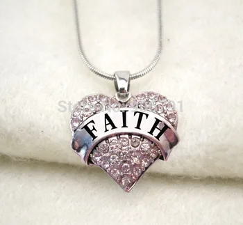 

30pcs a lot rhodium plated fashion Faith Crystal Heart Pendant necklace