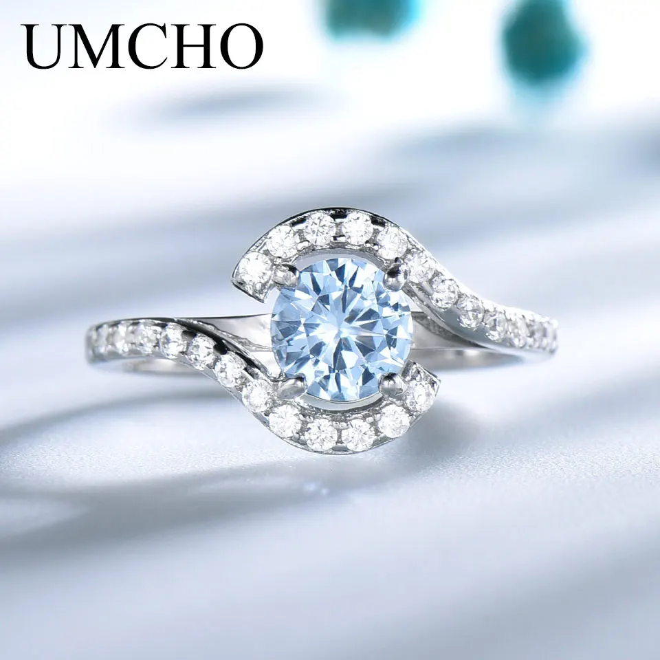 UMCHO Real 925 Sterling Silver Rings For Women Classic Round Created Sky Blue Topaz Gemstone Wedding Valentine's Gift jewelry UMCHO Real 925 Sterling Silver Rings For Women Classic Round Created Sky Blue Topaz Gemstone Wedding Valentine's Gift jewelry