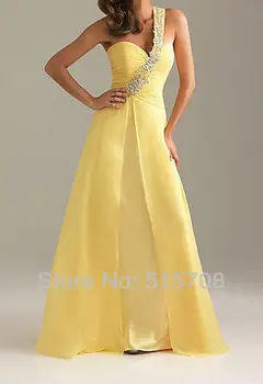 

Elegant One Shoulder Floor Length Chiffon Cheap Formal Gown Long Prom Evening Dresses Yellow Pink White