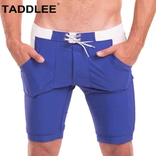 Taddlee Сексуальная мужская одежда для плавания, мужские плавки-боксеры, плавки, Длинные однотонные синие шорты для серфинга размера плюс, купальный костюм