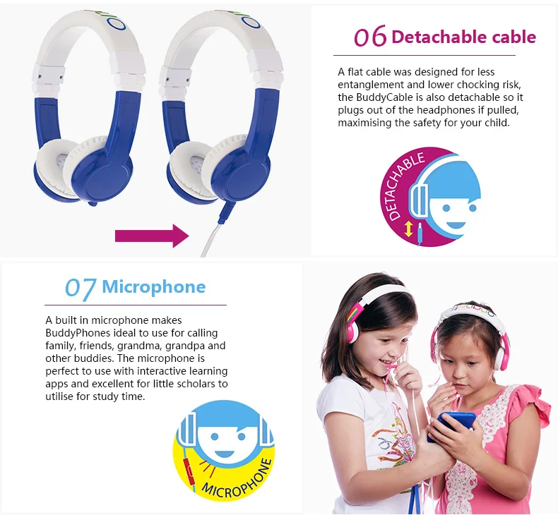 ONANOFF BuddyPhones Explore Foldable Professional Kids Volume Limited Headphones With Mic For Phones Learning Apps Wired Headset