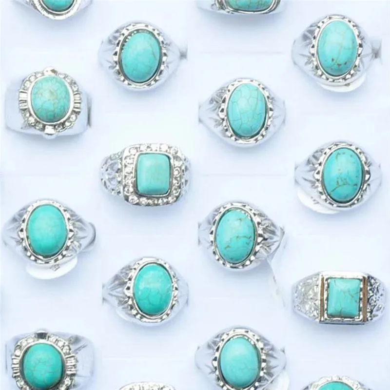 5pcs Wholesale Ring Mix Size Retro Natural Stone Nature Stones Design Silver Color Vintage Rings