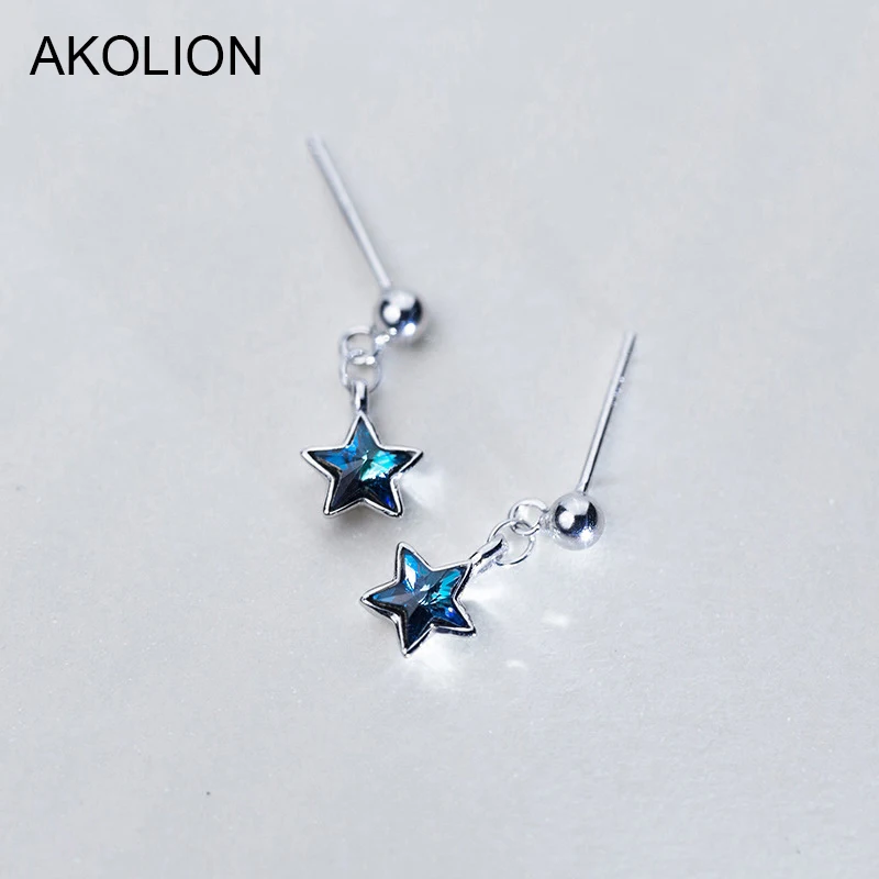 

AKOLION Silver Small Blue Star Earrings 925 AAA Blue Zircon Stud Earrings For Women Fashion Jewelry