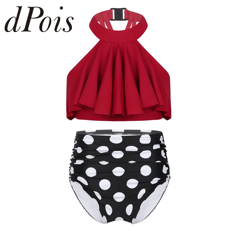 

Kids Girls Straps Criss Cross Halter Neck & Clasp Closure Ruffled Flounced Tankini Swimsuit Bathing Suit Set CropTops & Bottoms