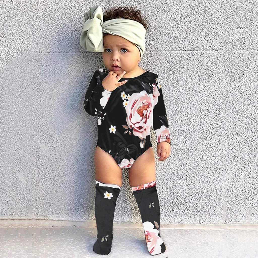 

2PCS Newborn Baby Girl Floral Clothes Long Sleeve Romper+Socks Cotton Outfit Set New Baby Girl Clothes Floral Bodysuit Stockings