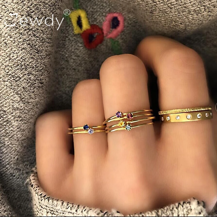

8 Pcs/Set Charm Gold Color Colorful Crystal Midi Finger Ring Set for Women Vintage Boho Knuckle Party Rings Punk Jewelry Gift