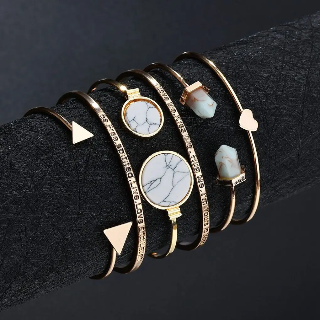 

6pcs Opening Style Women Girl Heart Geometric Bracelet Bangle Plated Alloy Wristband Chain Cuff Jewelry