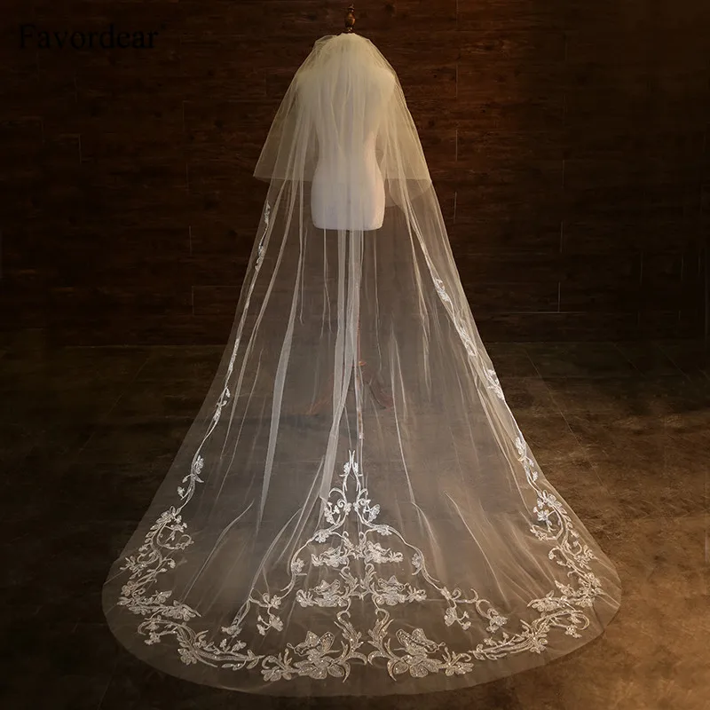 Favordear top quality 3m bridal veil 2 layer embroidery cathedral