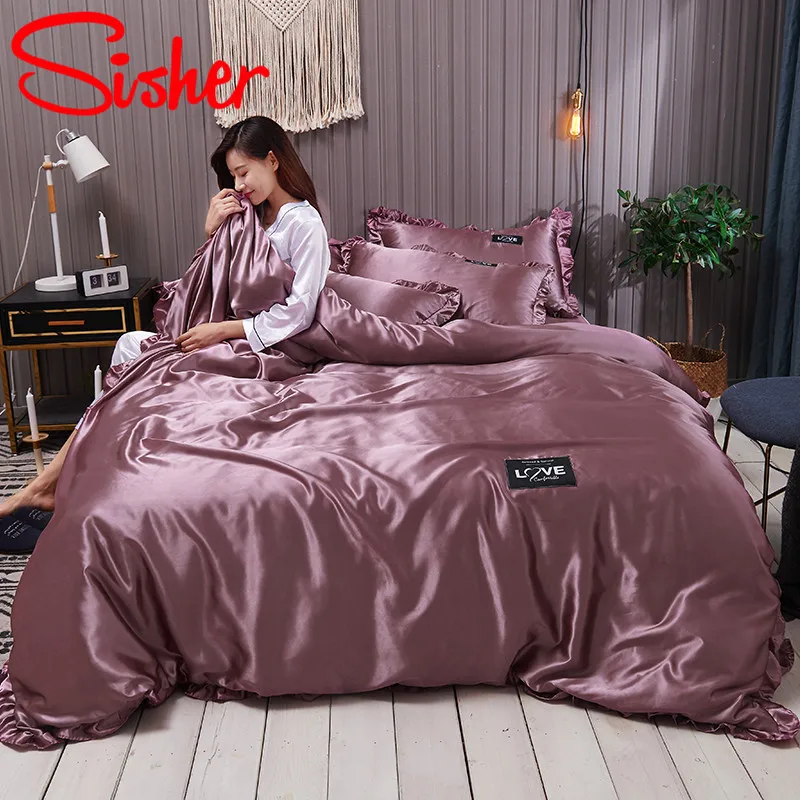 

Sisher Pure Satin Silk Bedding Set Adult Luxury Duvet Covers With Pillowcase Size Single Double Queen King Bed Sheet Bedclothes