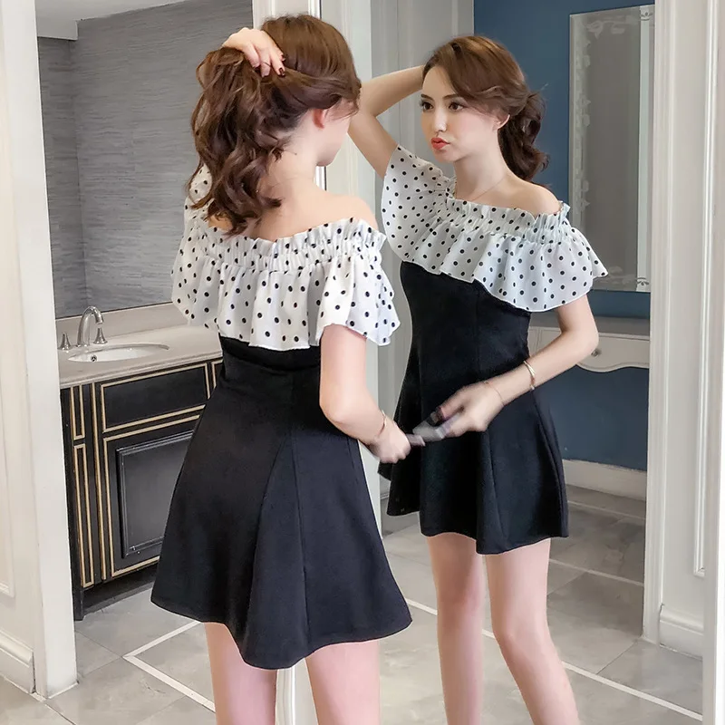 2018 New Arrivals  Summer  sexy dot dot shoulder stitching slim A short sleeved dress Free Shipping