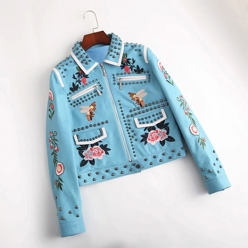 100%Women leather jacket embroidery locomotive leather jacket runway designer high quality embroidered embroidery leather jacket