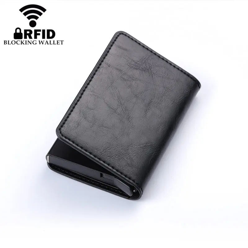

Metal Credit Card Holder Automatic Elastic Vintage Aluminum Wallet PU Leather Antitheft Rfid Blocking Wallet Pass Port Holder