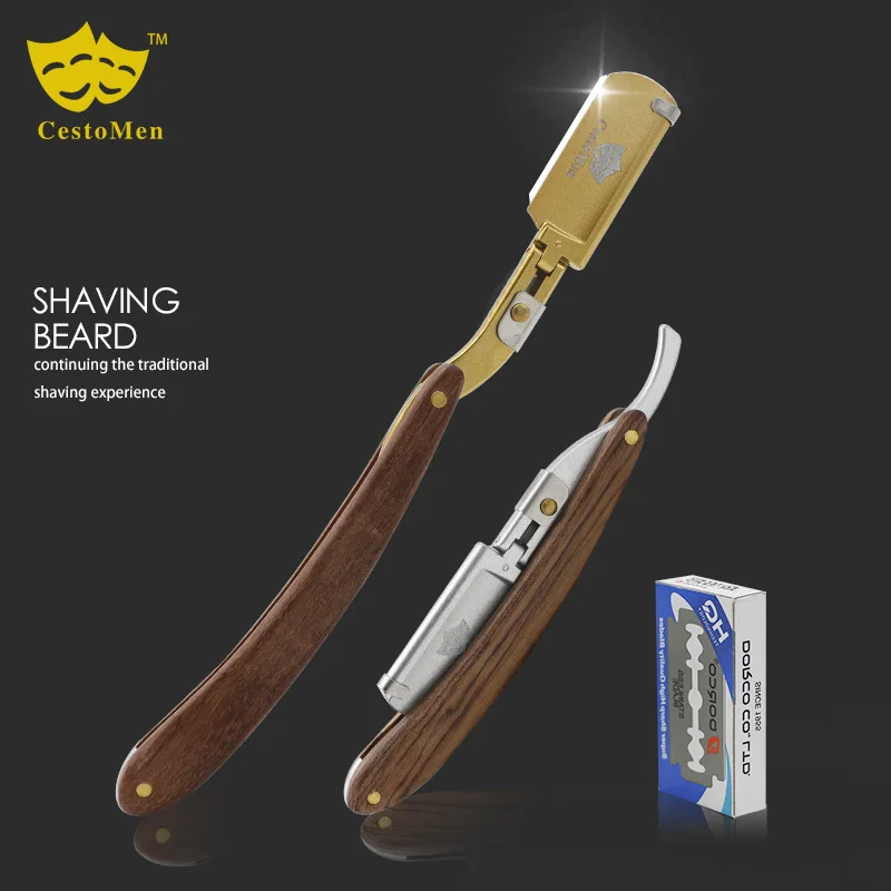 Wooden Handle Razor Manual Folding Blade Razor Retro Haircut Shaving double sided Stainless Steel Shaving Head 2