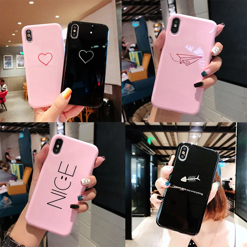 

Lovely Couple Epoxy Phone Case For iPhone X XR XS Max 8 7 6 plus Matte Black Pink Soft Cases Pure Color Shockproof Back Cover