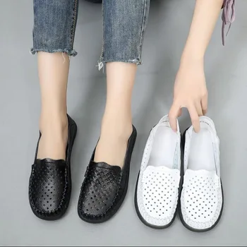 

2019 women casual Shoes Genuine Leather ladies flats Slip-On Female Loafers Moccasins Ladies Driving Shoe Cut-Outs Women Shoe